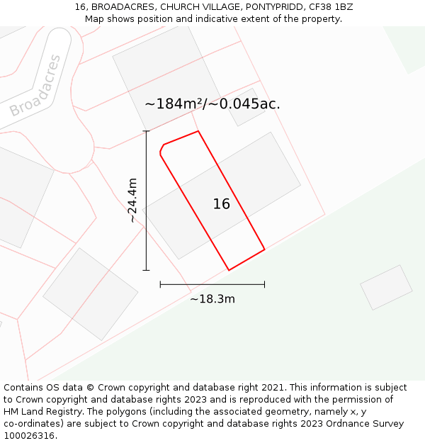 16, BROADACRES, CHURCH VILLAGE, PONTYPRIDD, CF38 1BZ: Plot and title map