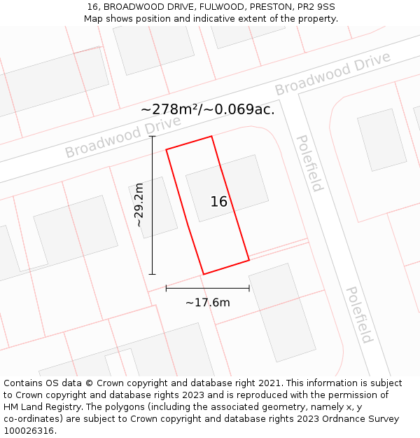 16, BROADWOOD DRIVE, FULWOOD, PRESTON, PR2 9SS: Plot and title map