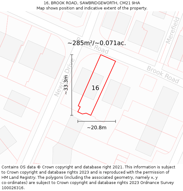 16, BROOK ROAD, SAWBRIDGEWORTH, CM21 9HA: Plot and title map