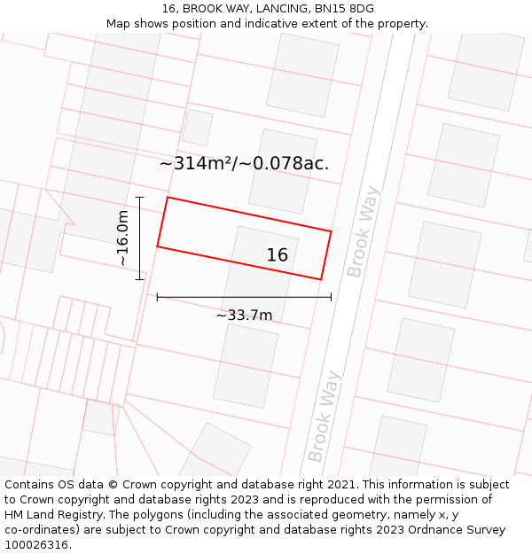 16, BROOK WAY, LANCING, BN15 8DG: Plot and title map