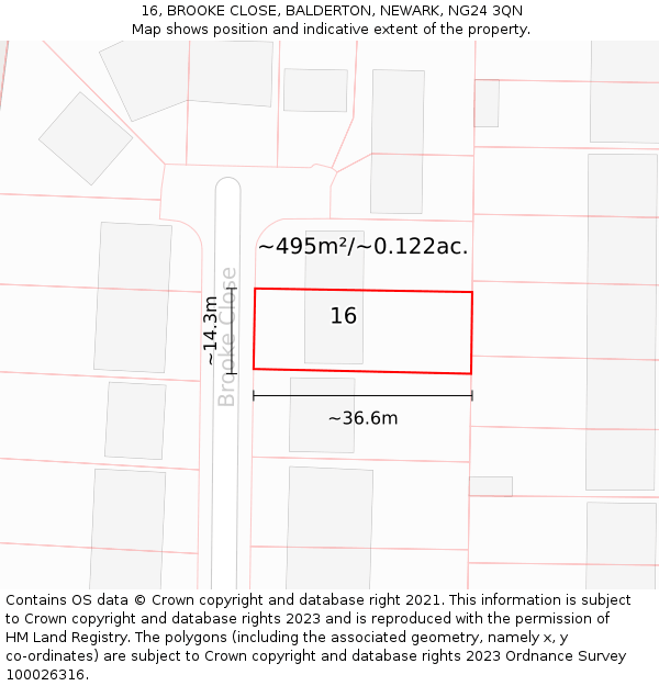 16, BROOKE CLOSE, BALDERTON, NEWARK, NG24 3QN: Plot and title map