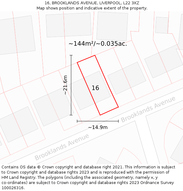 16, BROOKLANDS AVENUE, LIVERPOOL, L22 3XZ: Plot and title map