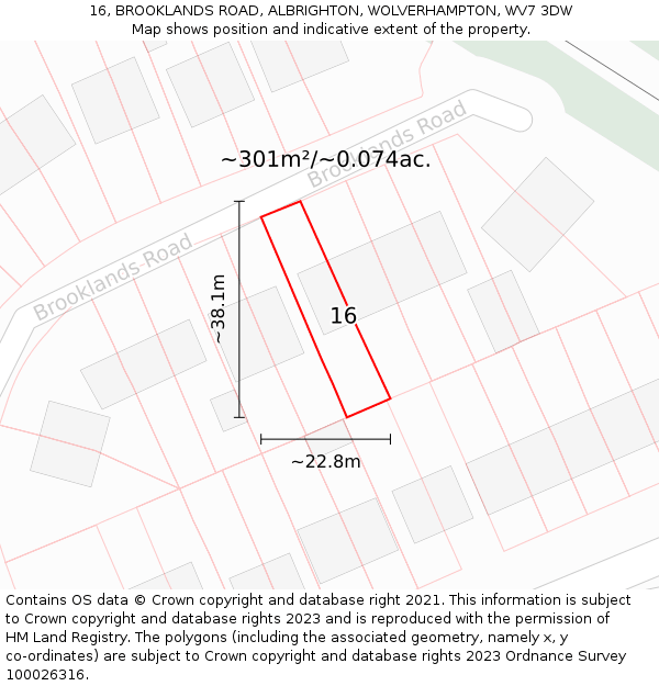 16, BROOKLANDS ROAD, ALBRIGHTON, WOLVERHAMPTON, WV7 3DW: Plot and title map