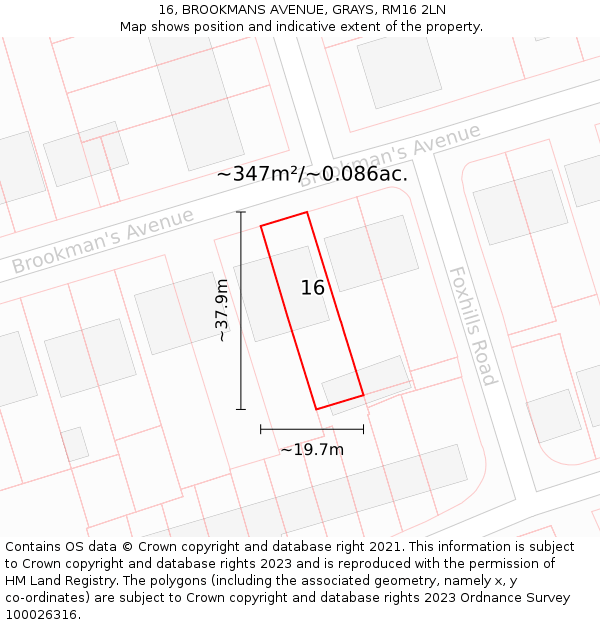 16, BROOKMANS AVENUE, GRAYS, RM16 2LN: Plot and title map