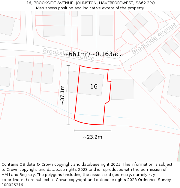 16, BROOKSIDE AVENUE, JOHNSTON, HAVERFORDWEST, SA62 3PQ: Plot and title map