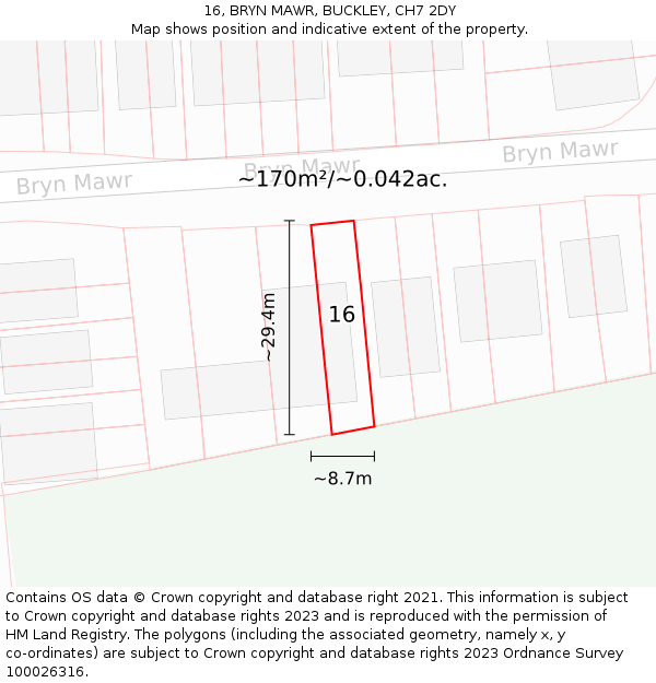 16, BRYN MAWR, BUCKLEY, CH7 2DY: Plot and title map