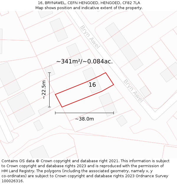 16, BRYNAWEL, CEFN HENGOED, HENGOED, CF82 7LA: Plot and title map