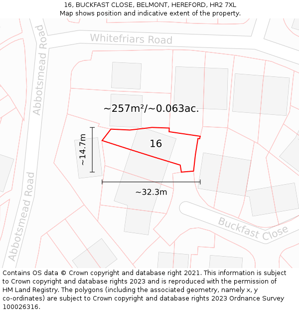 16, BUCKFAST CLOSE, BELMONT, HEREFORD, HR2 7XL: Plot and title map