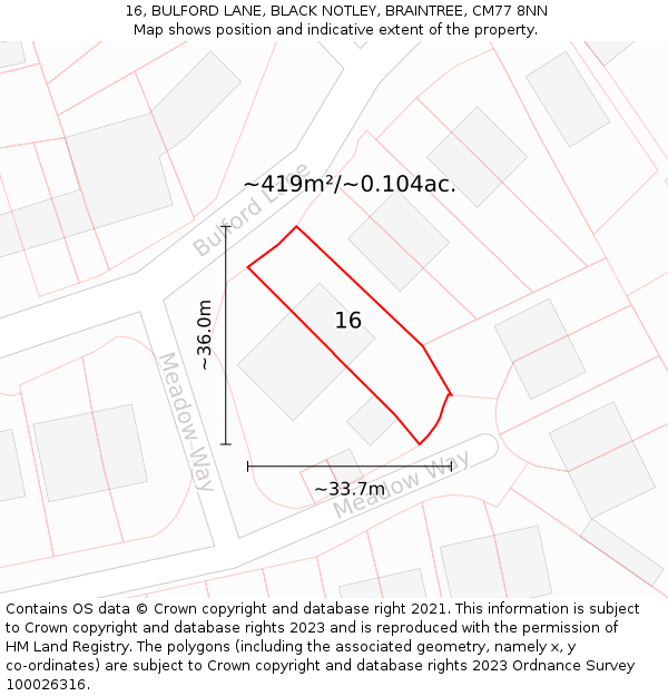 16, BULFORD LANE, BLACK NOTLEY, BRAINTREE, CM77 8NN: Plot and title map