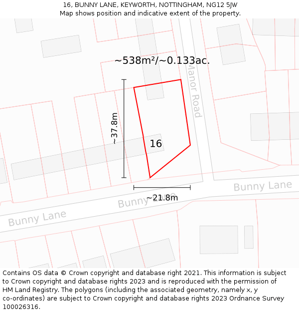 16, BUNNY LANE, KEYWORTH, NOTTINGHAM, NG12 5JW: Plot and title map