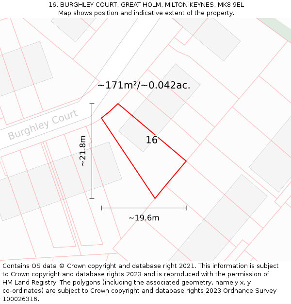 16, BURGHLEY COURT, GREAT HOLM, MILTON KEYNES, MK8 9EL: Plot and title map