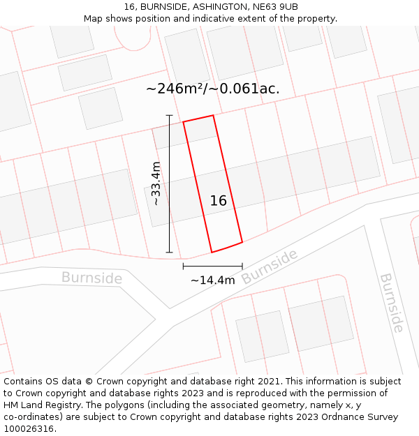 16, BURNSIDE, ASHINGTON, NE63 9UB: Plot and title map