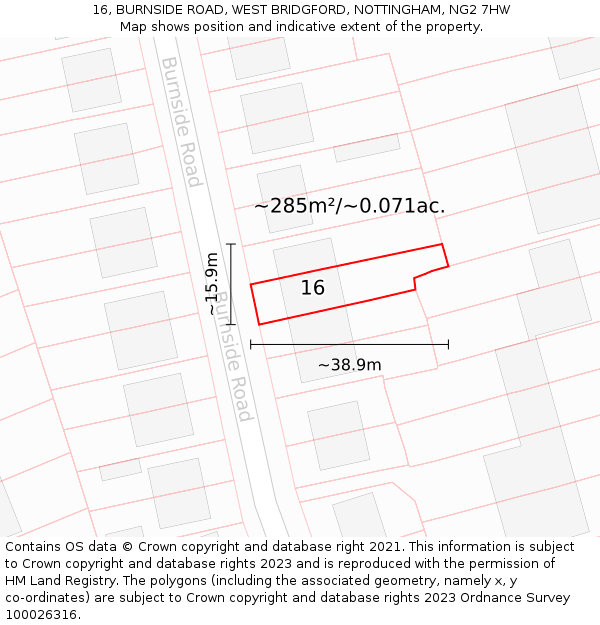 16, BURNSIDE ROAD, WEST BRIDGFORD, NOTTINGHAM, NG2 7HW: Plot and title map