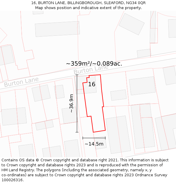 16, BURTON LANE, BILLINGBOROUGH, SLEAFORD, NG34 0QR: Plot and title map