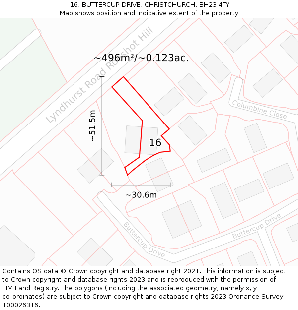 16, BUTTERCUP DRIVE, CHRISTCHURCH, BH23 4TY: Plot and title map
