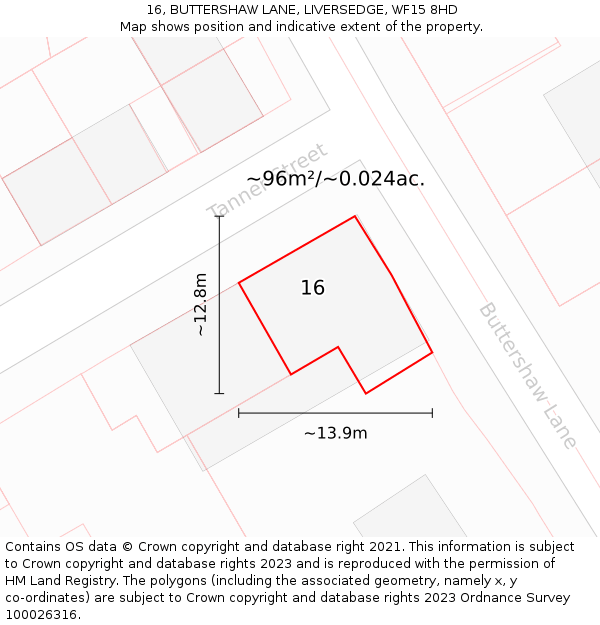 16, BUTTERSHAW LANE, LIVERSEDGE, WF15 8HD: Plot and title map