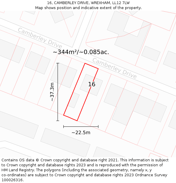 16, CAMBERLEY DRIVE, WREXHAM, LL12 7LW: Plot and title map