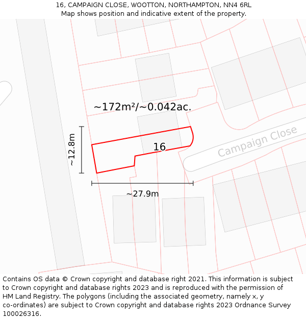 16, CAMPAIGN CLOSE, WOOTTON, NORTHAMPTON, NN4 6RL: Plot and title map