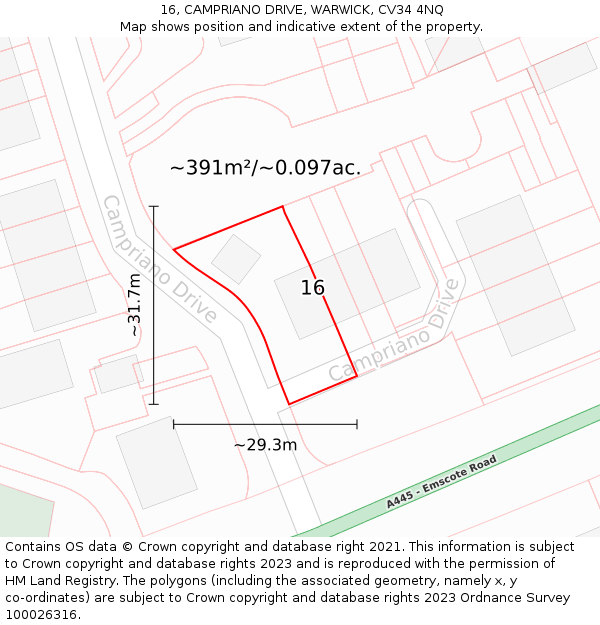 16, CAMPRIANO DRIVE, WARWICK, CV34 4NQ: Plot and title map