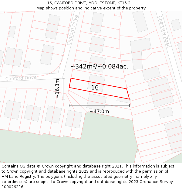 16, CANFORD DRIVE, ADDLESTONE, KT15 2HL: Plot and title map