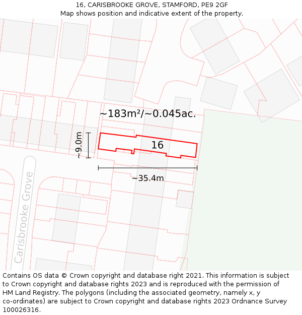 16, CARISBROOKE GROVE, STAMFORD, PE9 2GF: Plot and title map