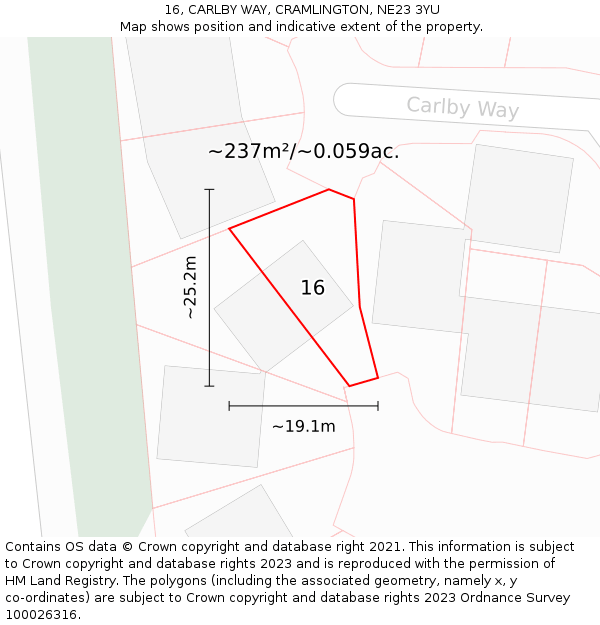 16, CARLBY WAY, CRAMLINGTON, NE23 3YU: Plot and title map