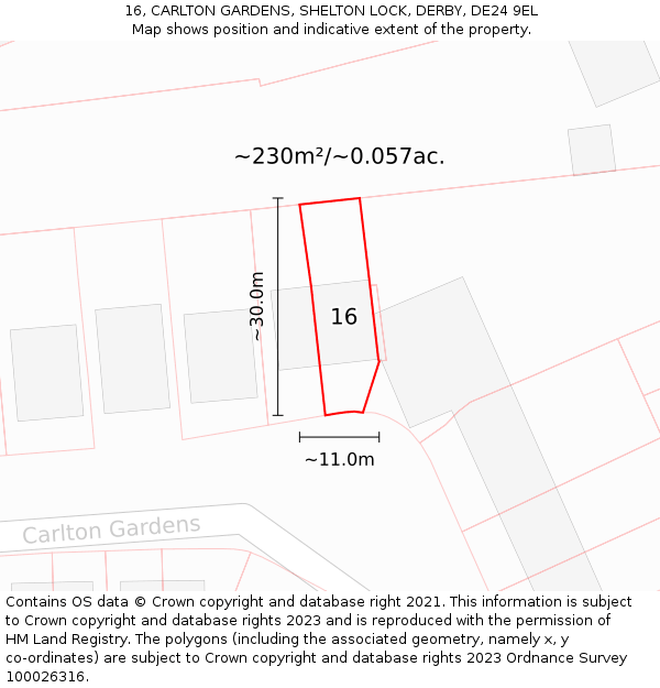 16, CARLTON GARDENS, SHELTON LOCK, DERBY, DE24 9EL: Plot and title map