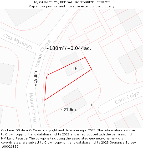 16, CARN CELYN, BEDDAU, PONTYPRIDD, CF38 2TF: Plot and title map