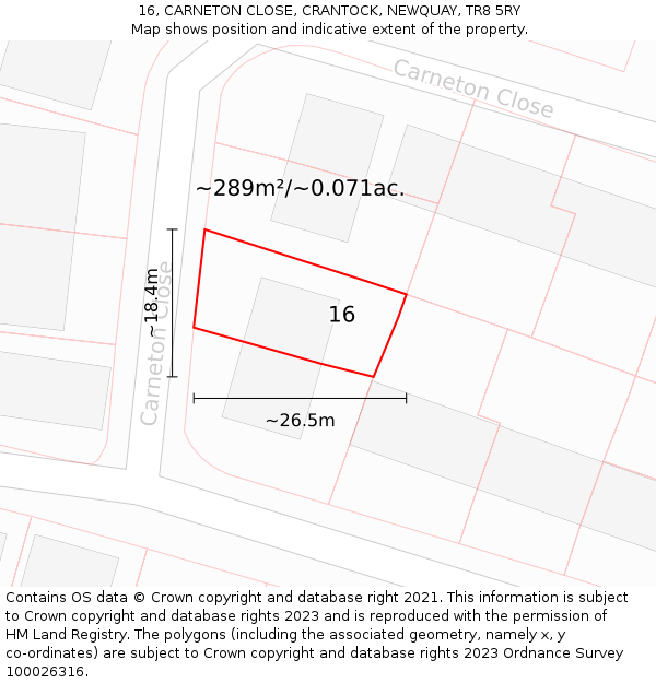 16, CARNETON CLOSE, CRANTOCK, NEWQUAY, TR8 5RY: Plot and title map