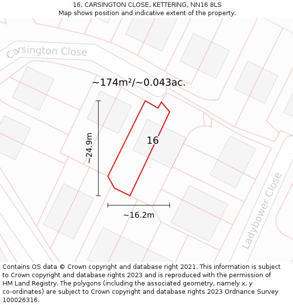 16, CARSINGTON CLOSE, KETTERING, NN16 8LS: Plot and title map