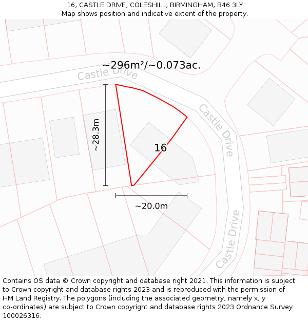 16, CASTLE DRIVE, COLESHILL, BIRMINGHAM, B46 3LY: Plot and title map