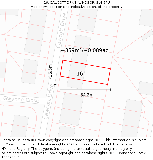 16, CAWCOTT DRIVE, WINDSOR, SL4 5PU: Plot and title map