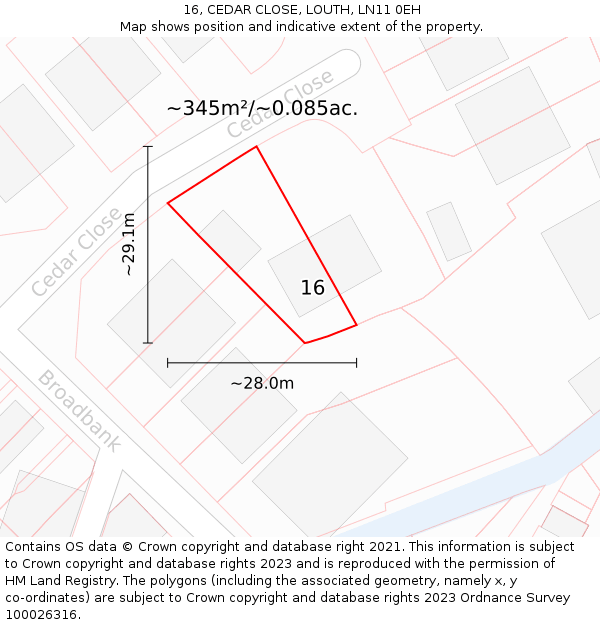 16, CEDAR CLOSE, LOUTH, LN11 0EH: Plot and title map