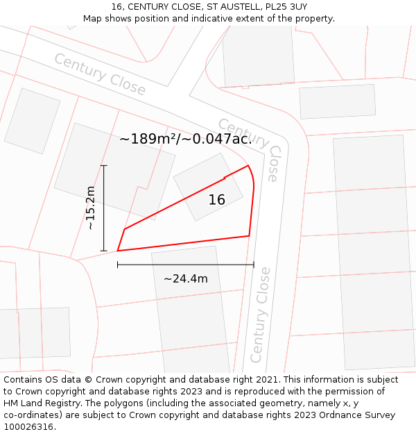 16, CENTURY CLOSE, ST AUSTELL, PL25 3UY: Plot and title map