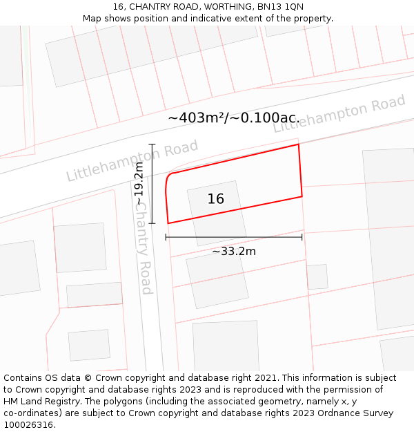 16, CHANTRY ROAD, WORTHING, BN13 1QN: Plot and title map