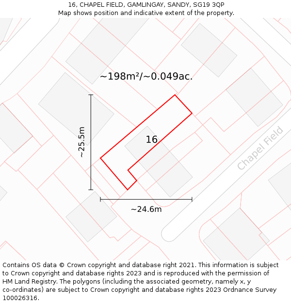 16, CHAPEL FIELD, GAMLINGAY, SANDY, SG19 3QP: Plot and title map