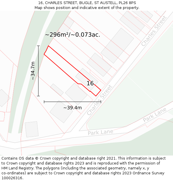 16, CHARLES STREET, BUGLE, ST AUSTELL, PL26 8PS: Plot and title map