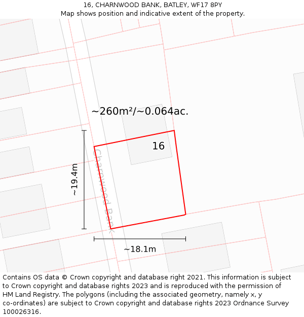 16, CHARNWOOD BANK, BATLEY, WF17 8PY: Plot and title map