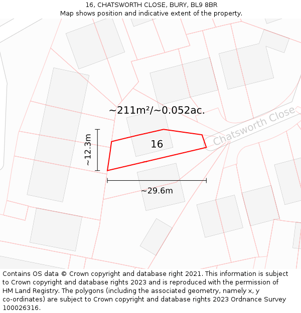 16, CHATSWORTH CLOSE, BURY, BL9 8BR: Plot and title map