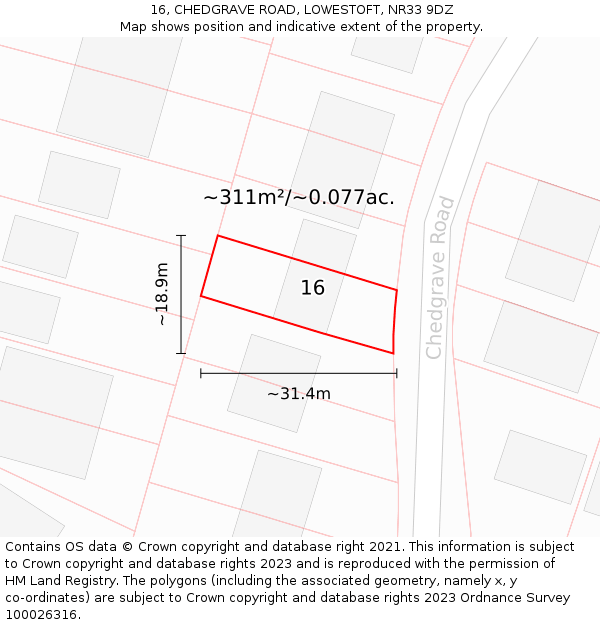 16, CHEDGRAVE ROAD, LOWESTOFT, NR33 9DZ: Plot and title map