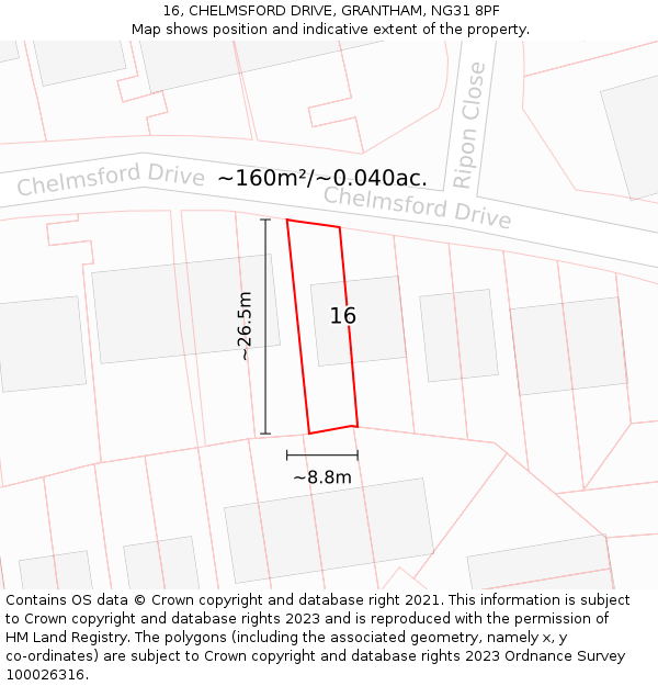 16, CHELMSFORD DRIVE, GRANTHAM, NG31 8PF: Plot and title map