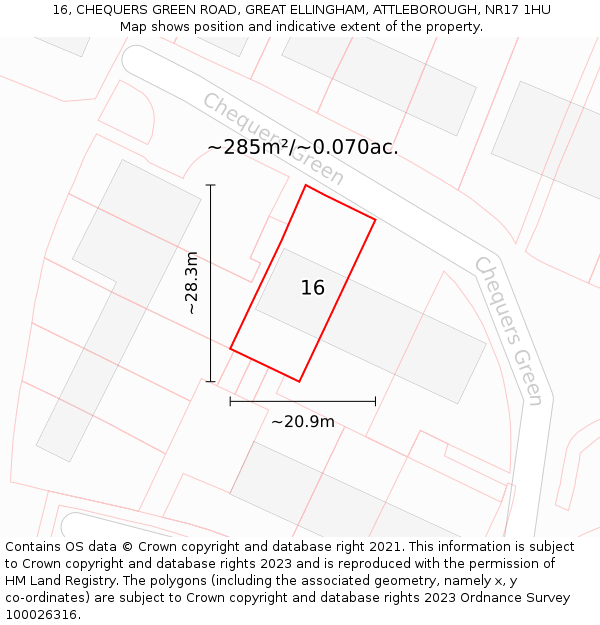 16, CHEQUERS GREEN ROAD, GREAT ELLINGHAM, ATTLEBOROUGH, NR17 1HU: Plot and title map