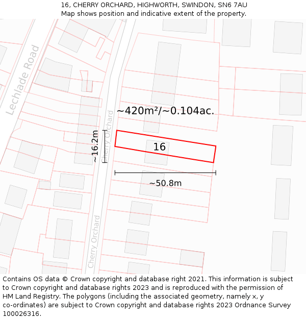 16, CHERRY ORCHARD, HIGHWORTH, SWINDON, SN6 7AU: Plot and title map