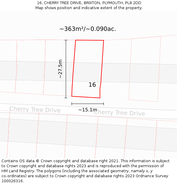 16, CHERRY TREE DRIVE, BRIXTON, PLYMOUTH, PL8 2DD: Plot and title map