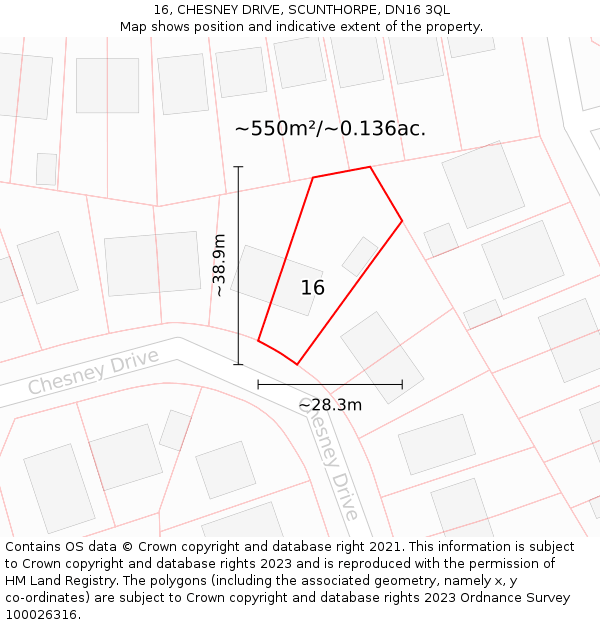 16, CHESNEY DRIVE, SCUNTHORPE, DN16 3QL: Plot and title map