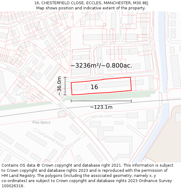 16, CHESTERFIELD CLOSE, ECCLES, MANCHESTER, M30 8EJ: Plot and title map