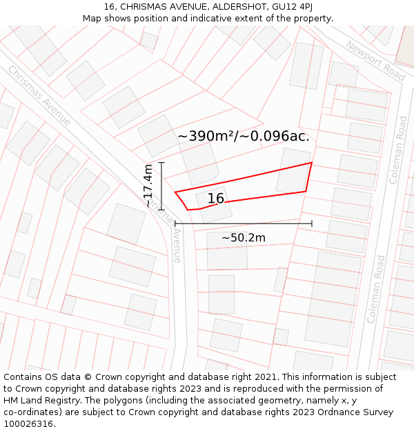 16, CHRISMAS AVENUE, ALDERSHOT, GU12 4PJ: Plot and title map