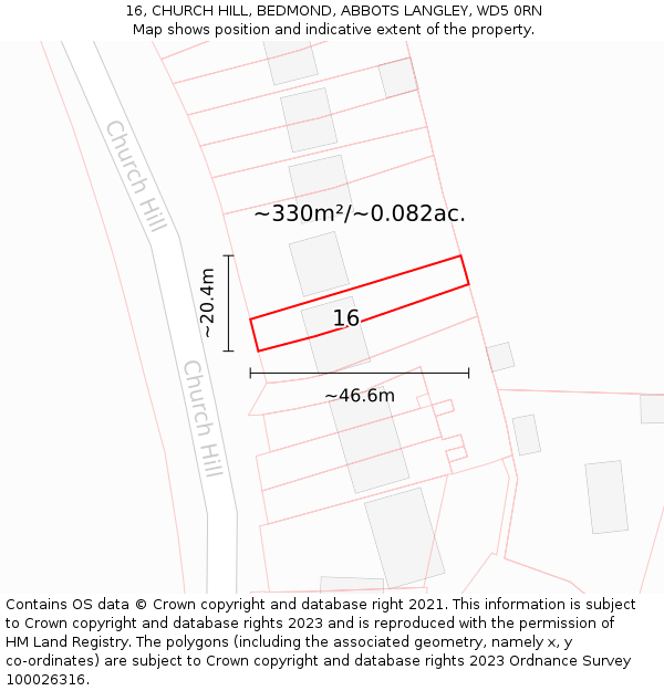 16, CHURCH HILL, BEDMOND, ABBOTS LANGLEY, WD5 0RN: Plot and title map