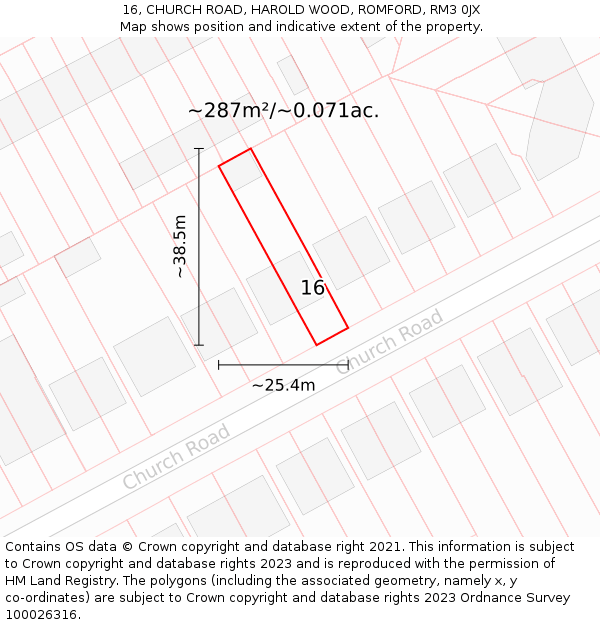 16, CHURCH ROAD, HAROLD WOOD, ROMFORD, RM3 0JX: Plot and title map