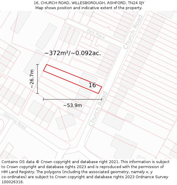 16, CHURCH ROAD, WILLESBOROUGH, ASHFORD, TN24 0JY: Plot and title map